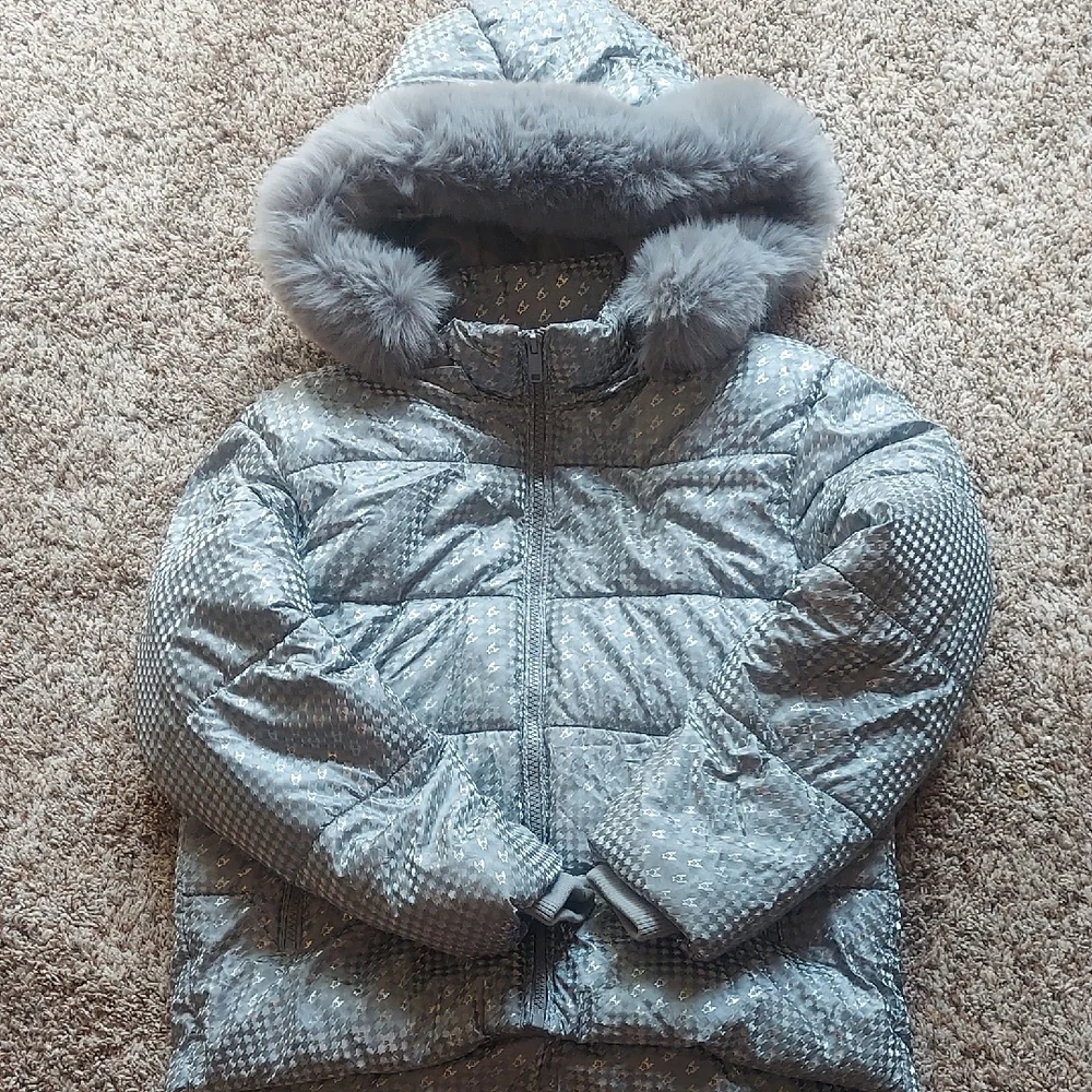 Yes Do Kid's Silver Puffer Type Jacket with Faux Fur Hood Sz 12 Y Fall Winter - Picture 1 of 12